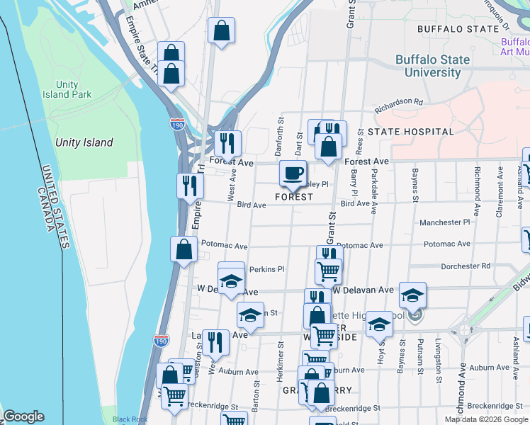 map of restaurants, bars, coffee shops, grocery stores, and more near 135 Bird Avenue in Buffalo