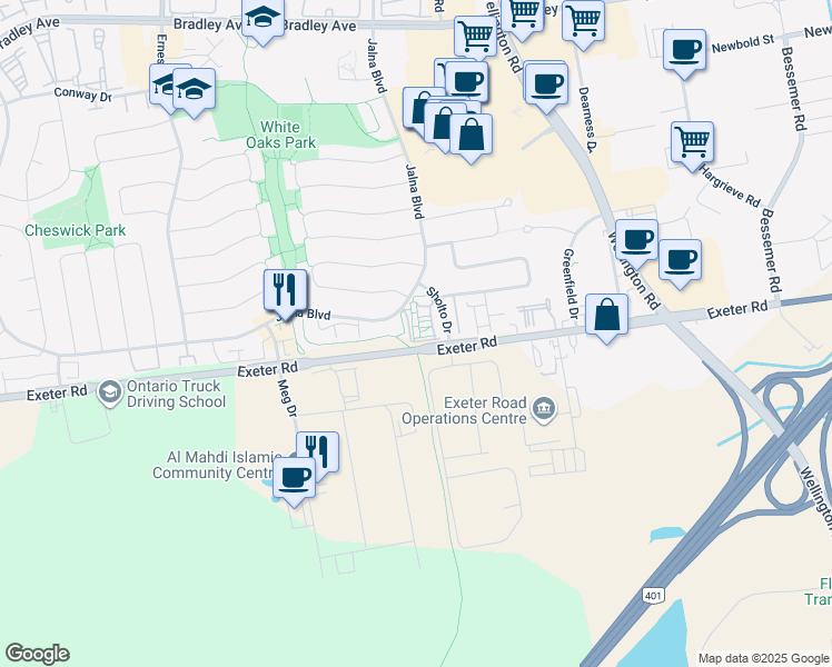 map of restaurants, bars, coffee shops, grocery stores, and more near 601 Exeter Road in London