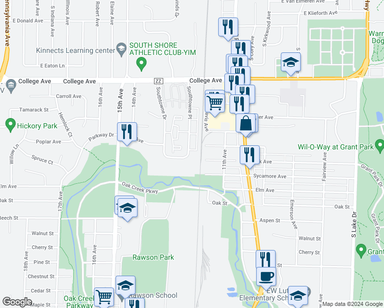 map of restaurants, bars, coffee shops, grocery stores, and more near 1127 Carrington Avenue in South Milwaukee