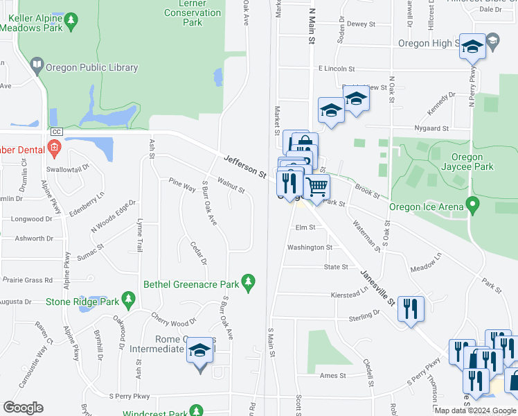 map of restaurants, bars, coffee shops, grocery stores, and more near 221 Walnut Street in Oregon