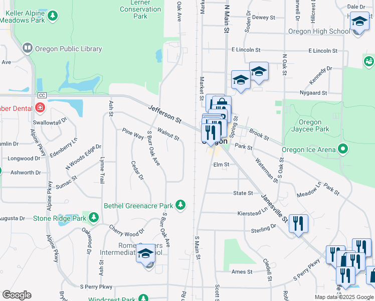 map of restaurants, bars, coffee shops, grocery stores, and more near 221 Walnut Street in Oregon