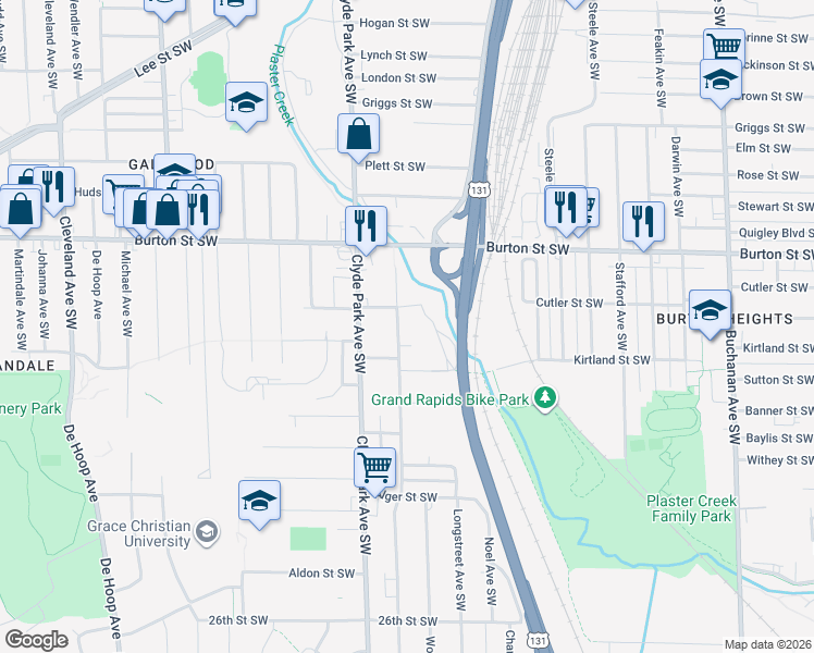 map of restaurants, bars, coffee shops, grocery stores, and more near 2120 McKee Avenue Southwest in Grand Rapids