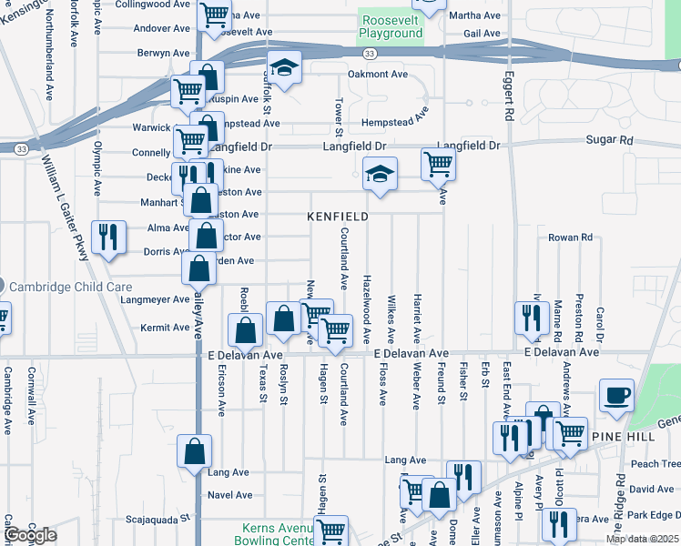 map of restaurants, bars, coffee shops, grocery stores, and more near 198 Courtland Avenue in Buffalo
