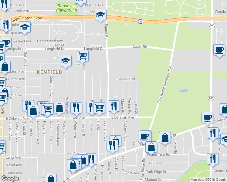 map of restaurants, bars, coffee shops, grocery stores, and more near 98 Ivanhoe Road in Buffalo
