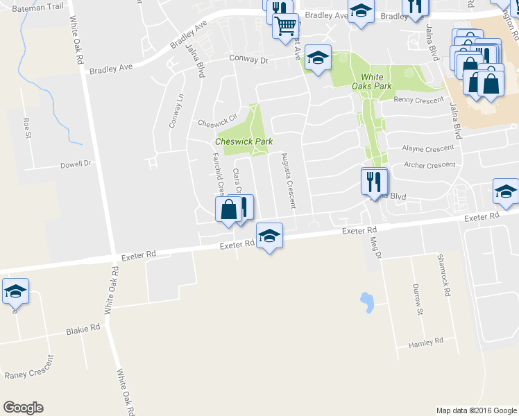 map of restaurants, bars, coffee shops, grocery stores, and more near 16 Clara Crescent in London