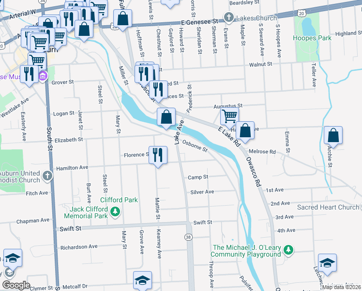 map of restaurants, bars, coffee shops, grocery stores, and more near 6 Lake Ave in Auburn