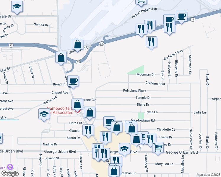map of restaurants, bars, coffee shops, grocery stores, and more near 36 Poinciana Parkway in Cheektowaga