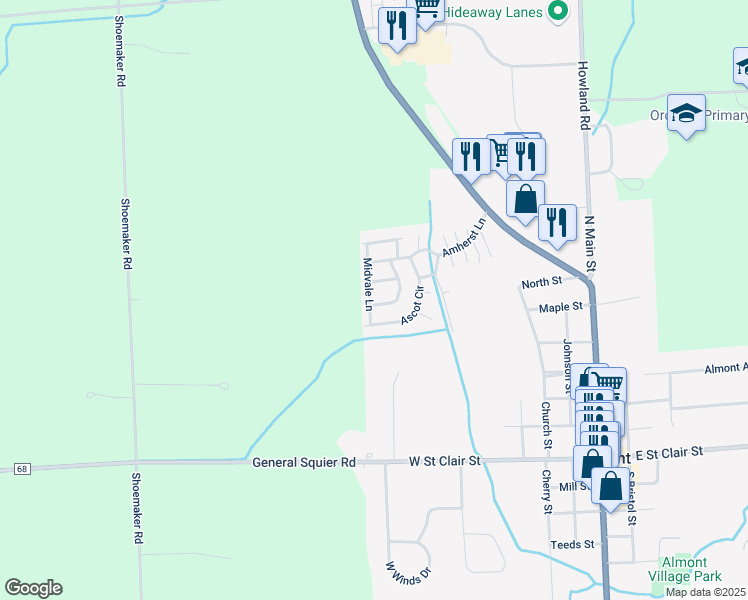 map of restaurants, bars, coffee shops, grocery stores, and more near 679 Midvale Lane in Almont