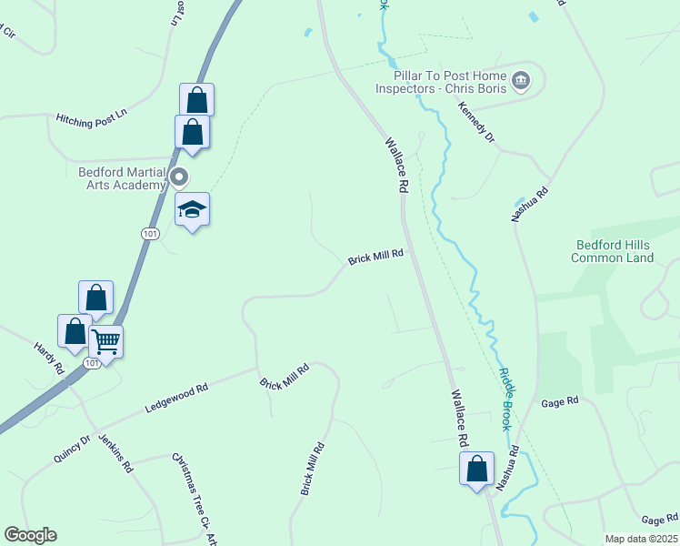 map of restaurants, bars, coffee shops, grocery stores, and more near 18 Brick Mill Road in Bedford