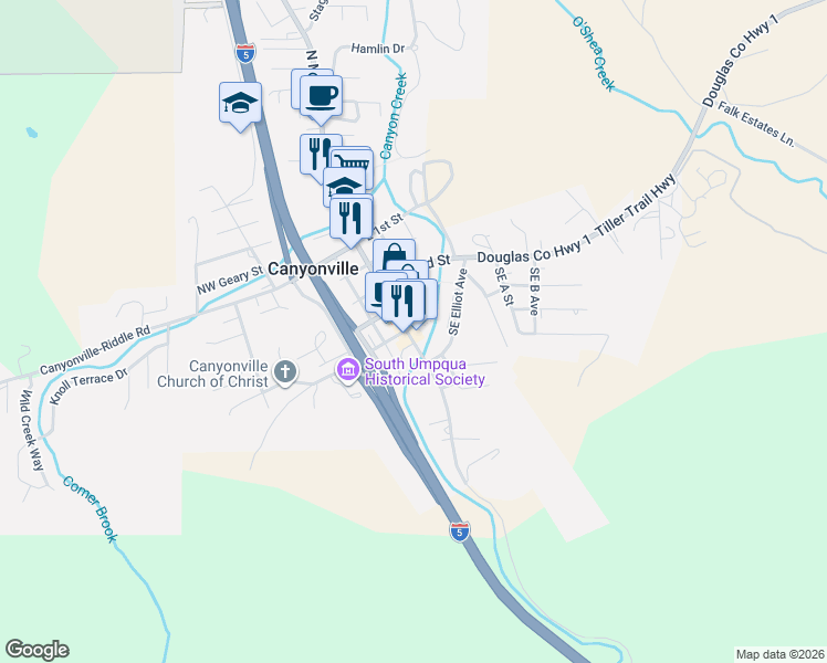map of restaurants, bars, coffee shops, grocery stores, and more near 502 Southeast Main Street in Canyonville