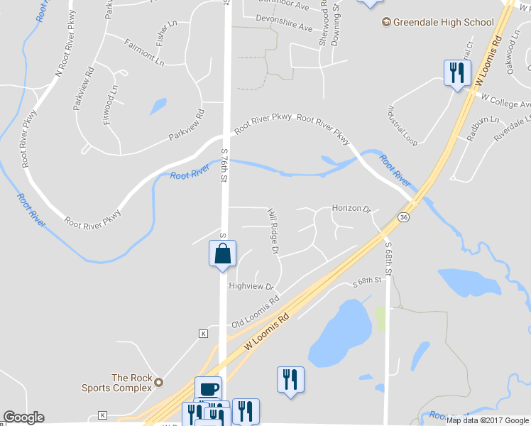 map of restaurants, bars, coffee shops, grocery stores, and more near 6605 Hill Ridge Drive in Greendale