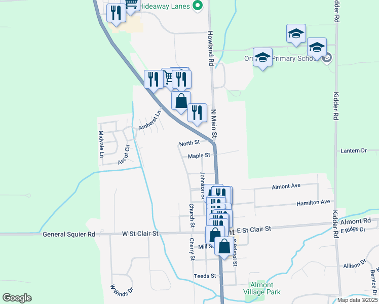 map of restaurants, bars, coffee shops, grocery stores, and more near 220 Maple Street in Almont