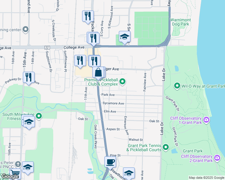 map of restaurants, bars, coffee shops, grocery stores, and more near 405 Kirkwood Avenue in South Milwaukee