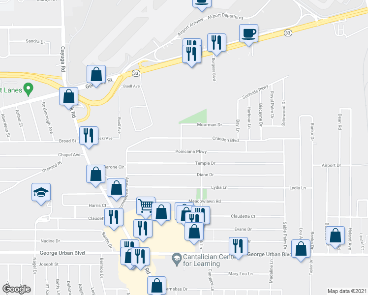 map of restaurants, bars, coffee shops, grocery stores, and more near 94 Poinciana Parkway in Buffalo