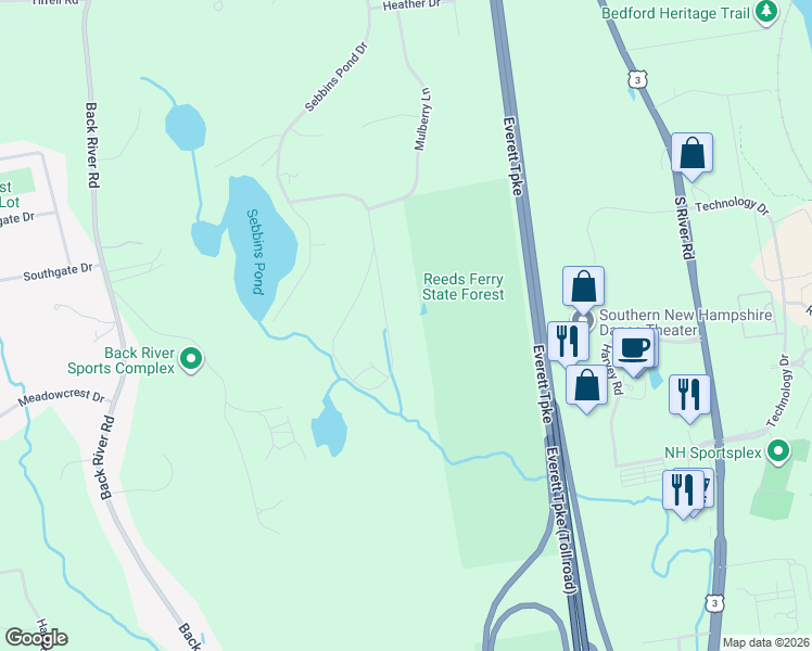 map of restaurants, bars, coffee shops, grocery stores, and more near 77 Sandy Pond Parkway in Bedford