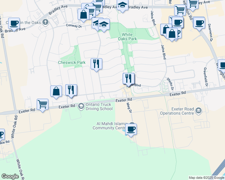 map of restaurants, bars, coffee shops, grocery stores, and more near 1323 Jalna Boulevard in London