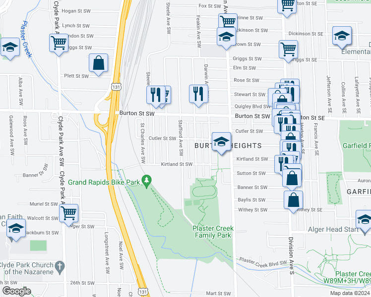map of restaurants, bars, coffee shops, grocery stores, and more near 2120 Stafford Avenue Southwest in Grand Rapids