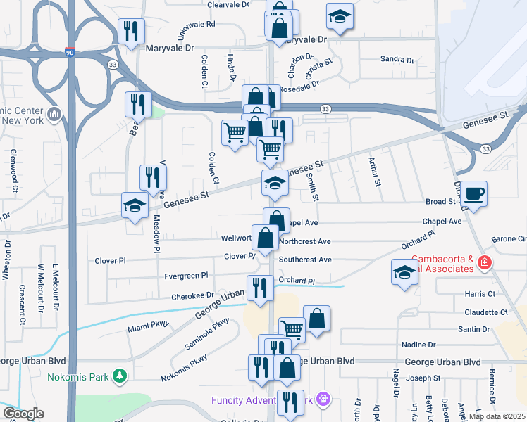 map of restaurants, bars, coffee shops, grocery stores, and more near 4094 Union Road in Cheektowaga