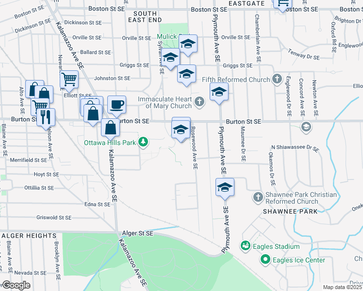 map of restaurants, bars, coffee shops, grocery stores, and more near 2055 Rosewood Avenue Southeast in Grand Rapids