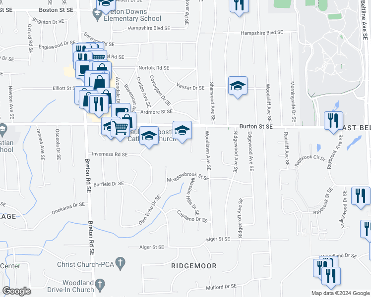 map of restaurants, bars, coffee shops, grocery stores, and more near 2750 Burton Street Southeast in Grand Rapids