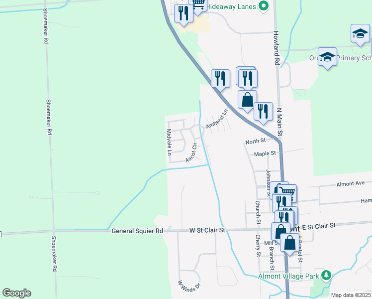 map of restaurants, bars, coffee shops, grocery stores, and more near 655 Elmdale Lane in Almont