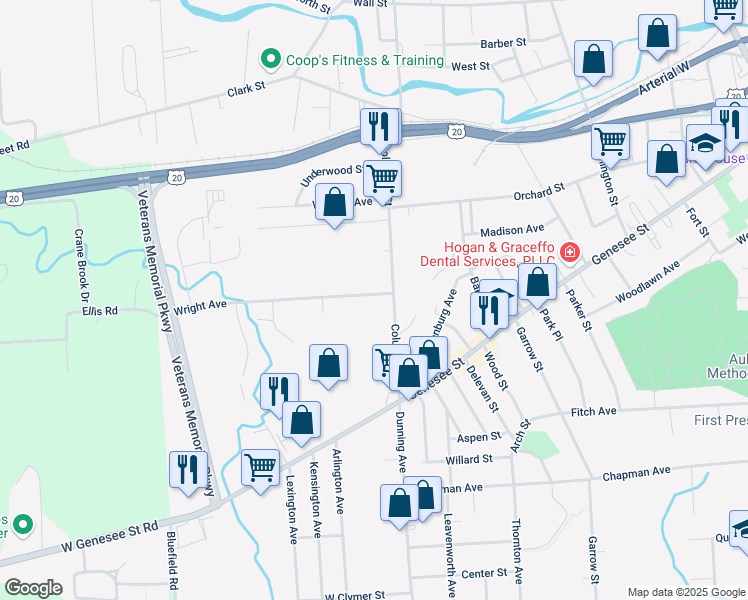 map of restaurants, bars, coffee shops, grocery stores, and more near 2 Wright Avenue in Auburn