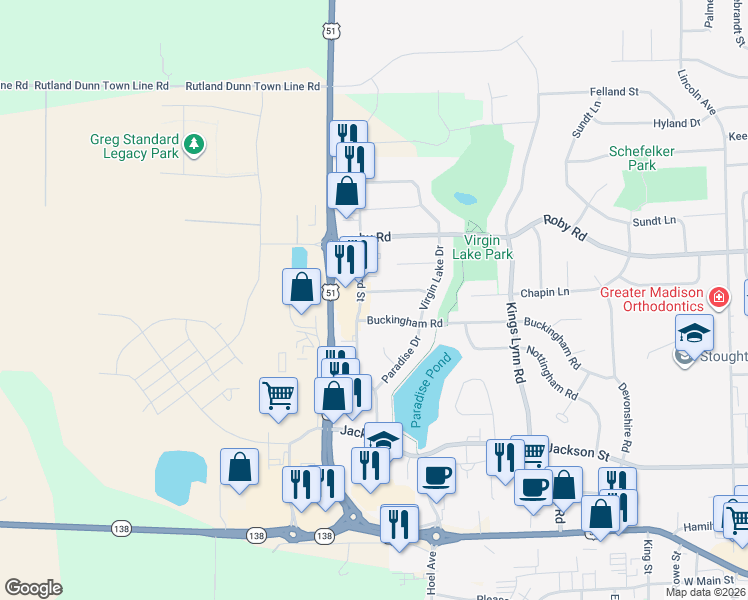 map of restaurants, bars, coffee shops, grocery stores, and more near 2329 Wood View Dr in Stoughton