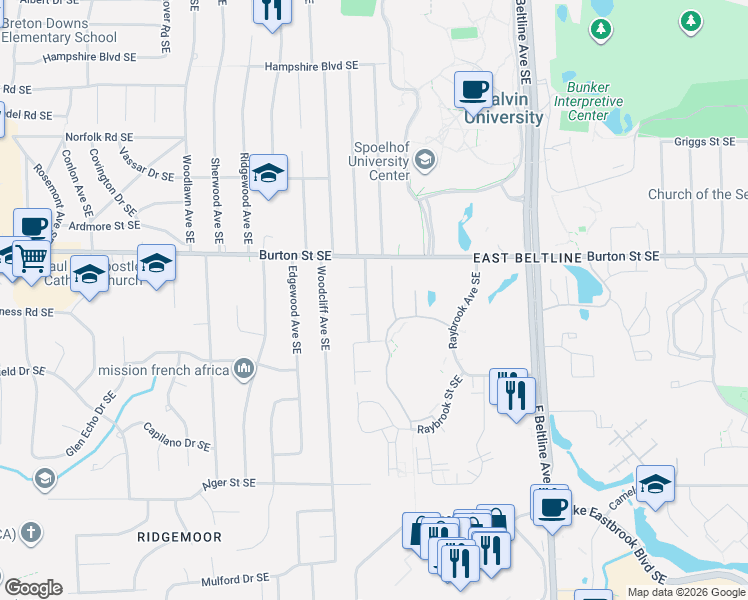 map of restaurants, bars, coffee shops, grocery stores, and more near 2052 Radcliff Avenue Southeast in Grand Rapids