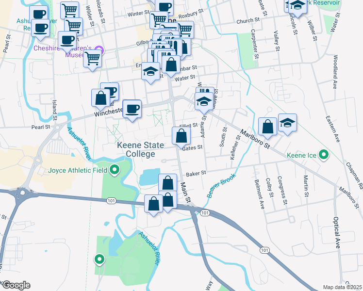 map of restaurants, bars, coffee shops, grocery stores, and more near 324 Main Street in Keene