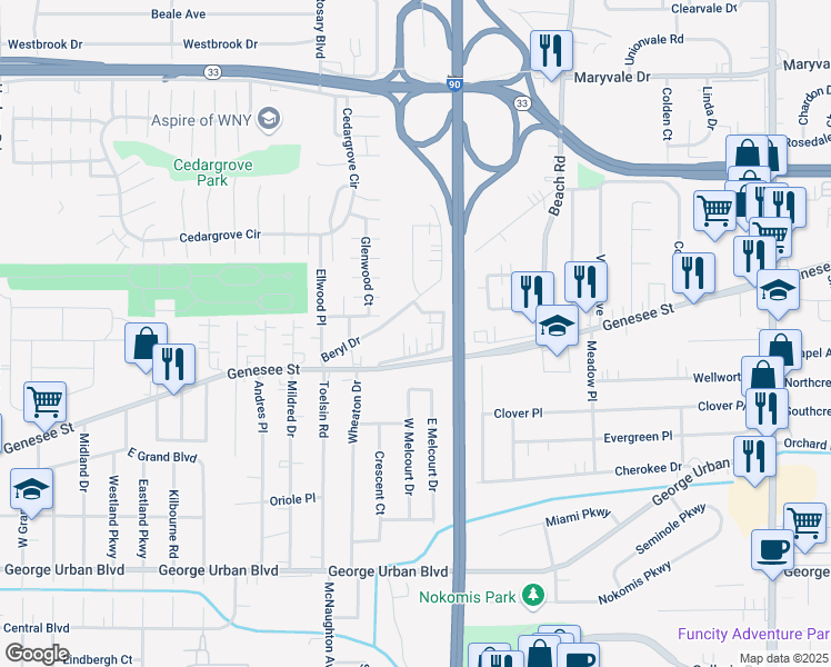 map of restaurants, bars, coffee shops, grocery stores, and more near 3200 Genesee Street in Buffalo