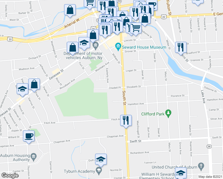 map of restaurants, bars, coffee shops, grocery stores, and more near 20 Chedell Place in Auburn