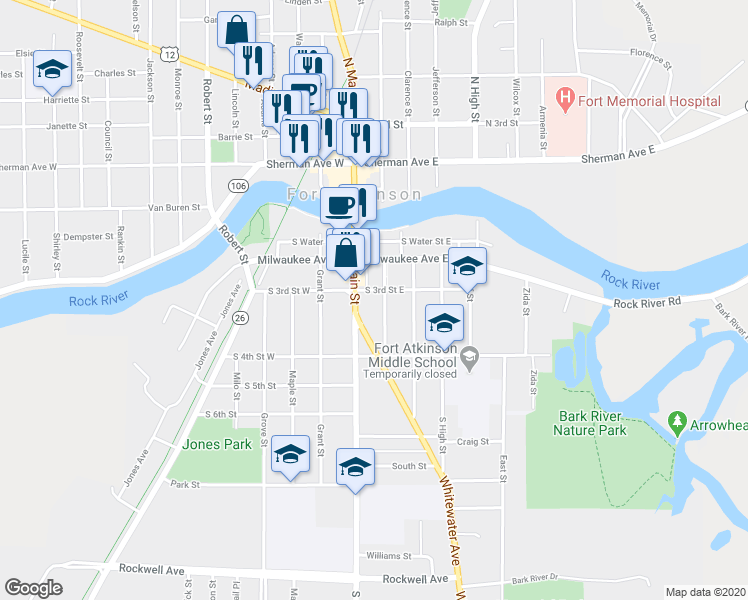 map of restaurants, bars, coffee shops, grocery stores, and more near 302 Merchants Avenue in Fort Atkinson