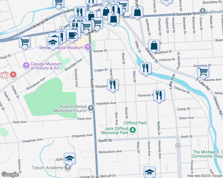 map of restaurants, bars, coffee shops, grocery stores, and more near 24 Elizabeth Street in Auburn