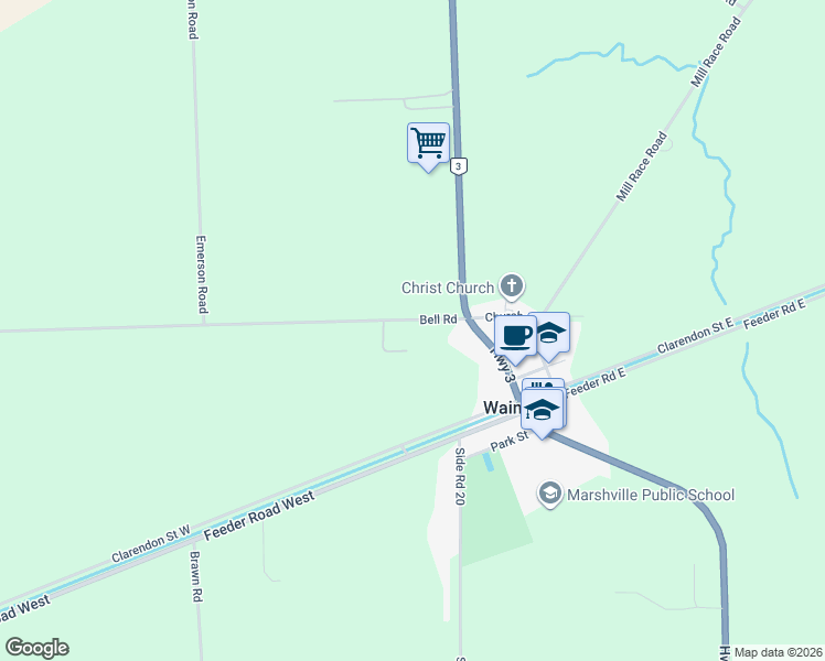 map of restaurants, bars, coffee shops, grocery stores, and more near 32025 Bell Road in Wainfleet