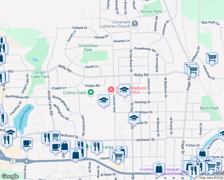 map of restaurants, bars, coffee shops, grocery stores, and more near 812 Lincoln Avenue in Stoughton