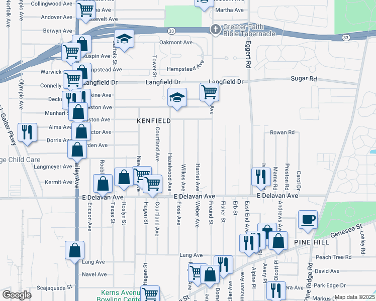 map of restaurants, bars, coffee shops, grocery stores, and more near 99 Wilkes Avenue in Buffalo