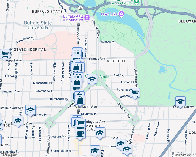 map of restaurants, bars, coffee shops, grocery stores, and more near 298 Bidwell Pkwy in Buffalo