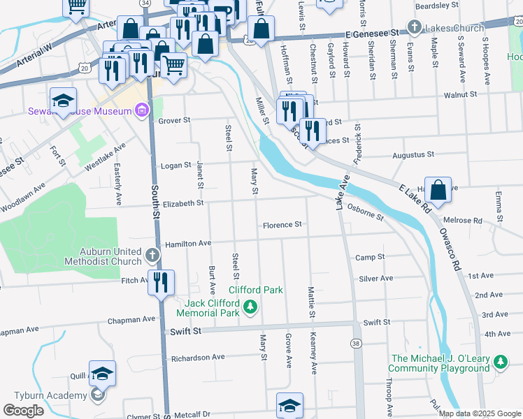 map of restaurants, bars, coffee shops, grocery stores, and more near 62 Elizabeth Street in Auburn
