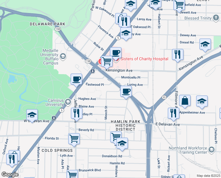 map of restaurants, bars, coffee shops, grocery stores, and more near 126 Loring Avenue in Buffalo