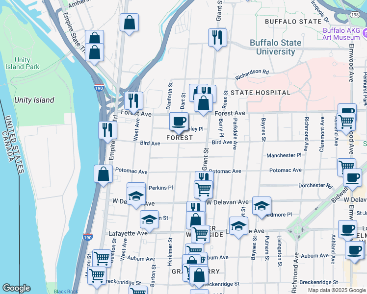 map of restaurants, bars, coffee shops, grocery stores, and more near 211 Bird Avenue in Buffalo