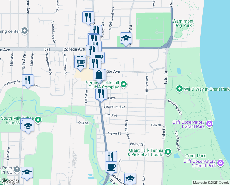 map of restaurants, bars, coffee shops, grocery stores, and more near 405 Kirkwood Avenue in South Milwaukee