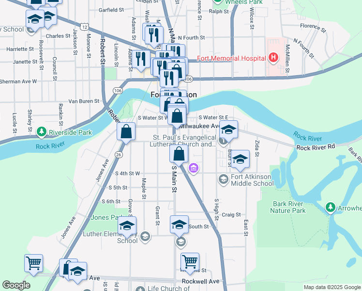 map of restaurants, bars, coffee shops, grocery stores, and more near 302 Merchants Avenue in Fort Atkinson
