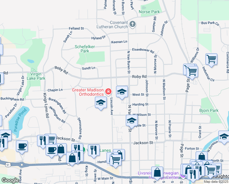map of restaurants, bars, coffee shops, grocery stores, and more near 812 Lincoln Avenue in Stoughton