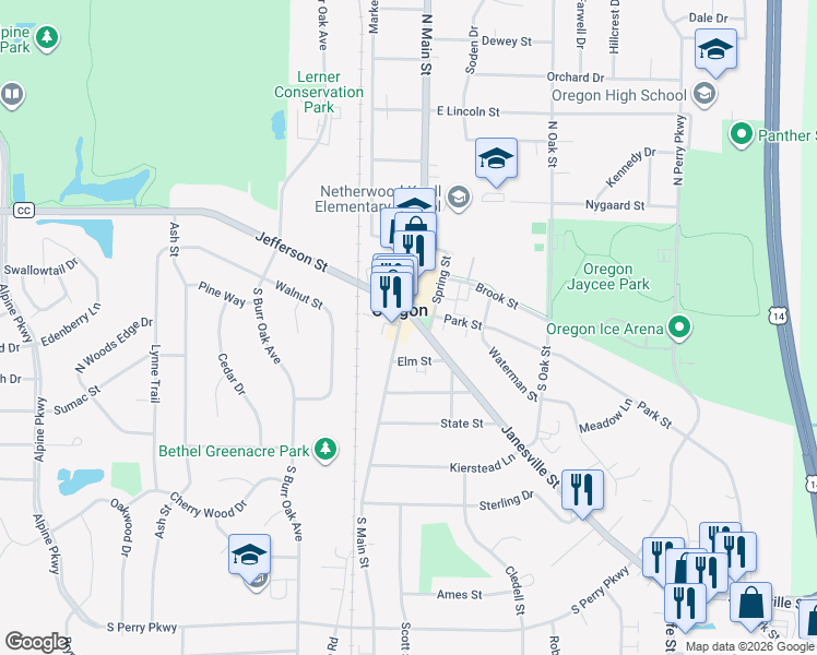 map of restaurants, bars, coffee shops, grocery stores, and more near 122 Janesville Street in Oregon