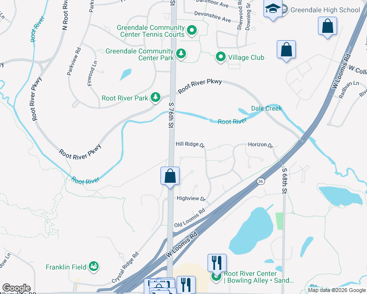 map of restaurants, bars, coffee shops, grocery stores, and more near 6561 Hill Ridge Drive in Greendale