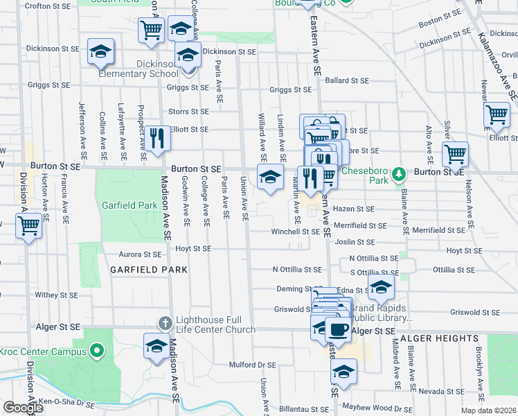 map of restaurants, bars, coffee shops, grocery stores, and more near 2080 Union Avenue Southeast in Grand Rapids