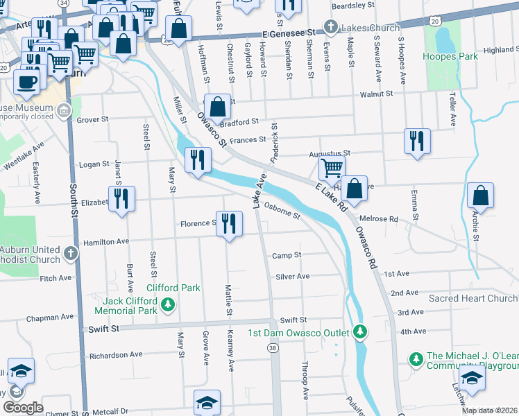 map of restaurants, bars, coffee shops, grocery stores, and more near 6 Lake Avenue in Auburn