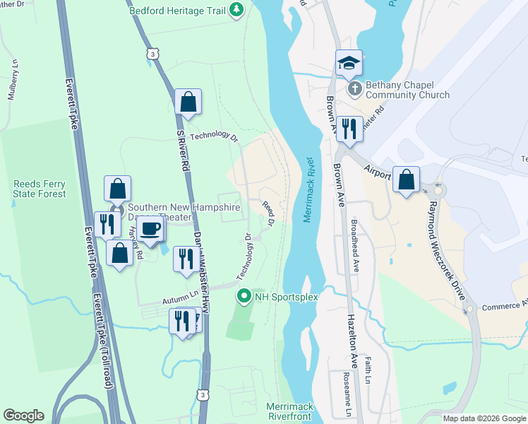 map of restaurants, bars, coffee shops, grocery stores, and more near 12 Edward Circle in Bedford