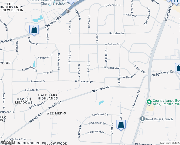 map of restaurants, bars, coffee shops, grocery stores, and more near 12065 West James Avenue in Franklin