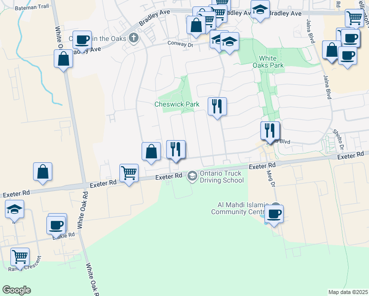 map of restaurants, bars, coffee shops, grocery stores, and more near 19 Clara Crescent in London